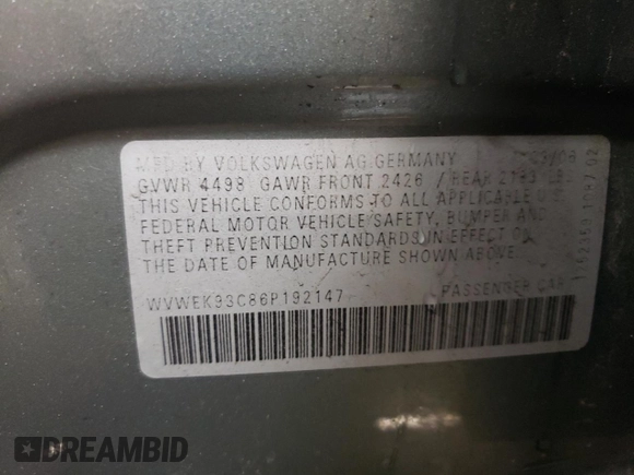 2006 Volkswagen Passat Lux with VIN WVWEK93C86P192147, listed as a Copart auction lot 78542744 with 107,593 mi miles and Salvage title. Bid and sale history available at DreamBid. Image 12.