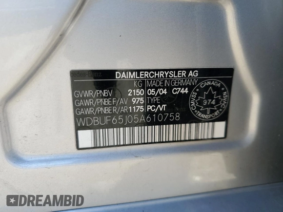 2005 Mercedes-Benz E 320 with VIN WDBUF65J05A610758, listed as a Copart auction lot 50270835 with 74,703 mi miles and Salvage Title. Bid and sale history available at DreamBid. Image 12.