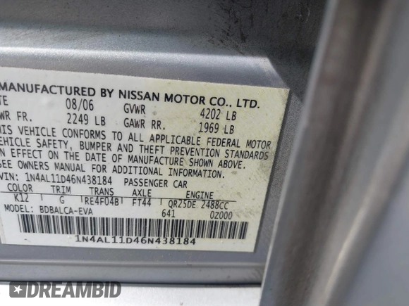 2006 Nissan Altima 2.5 with VIN 1N4AL11D46N438184, listed as a IAAI auction lot 41691180 with 326,541 mi miles. Bid and sale history available at carsss.com. Image 9.