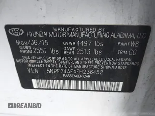 2015 Hyundai Sonata SE z VIN 5NPE24AFXFH236452, wystawiony jako IAAI lot #42386744 z przebiegiem 136 049 mil mil oraz . Historia ofert i sprzedaży dostępna na DreamBid. Obrazek 9.