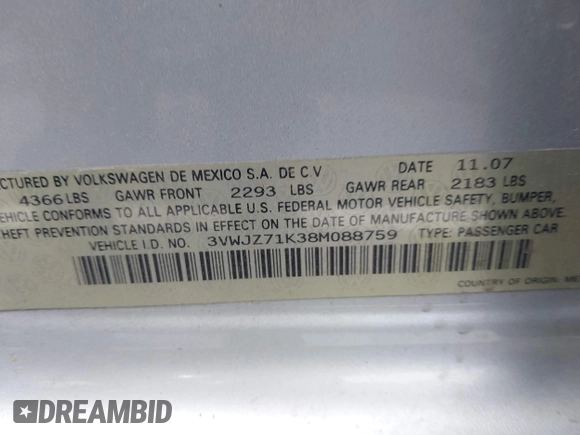 2008 Volkswagen Jetta S with VIN 3VWJZ71K38M088759, listed as a IAAI auction lot 42096924 with 110,320 mi miles and . Bid and sale history available at DreamBid. Image 9.