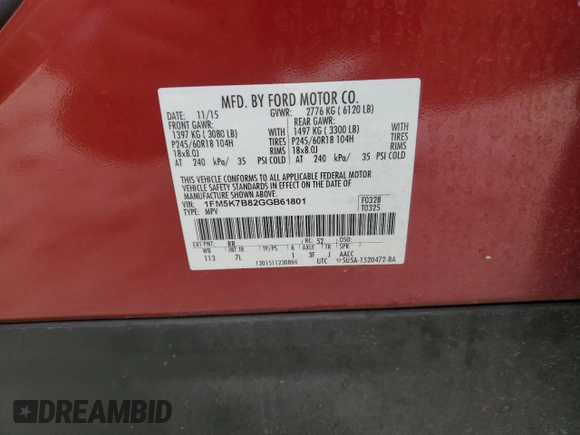 2016 Ford Explorer z VIN 1FM5K7B82GGB61801, wystawiony jako Copart lot #54692085 z przebiegiem 77 187 mil mil oraz Szkoda całkowita • Salvage title. Historia ofert i sprzedaży dostępna na DreamBid. Obrazek 13.