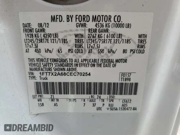 2012 Ford Super Duty F-250 SRW XL with VIN 1FT7X2A68CEC70254, listed as a Copart auction lot 77604414 with 203,004 mi miles and Salvage Title. Bid and sale history available at carsss.com. Image 12.