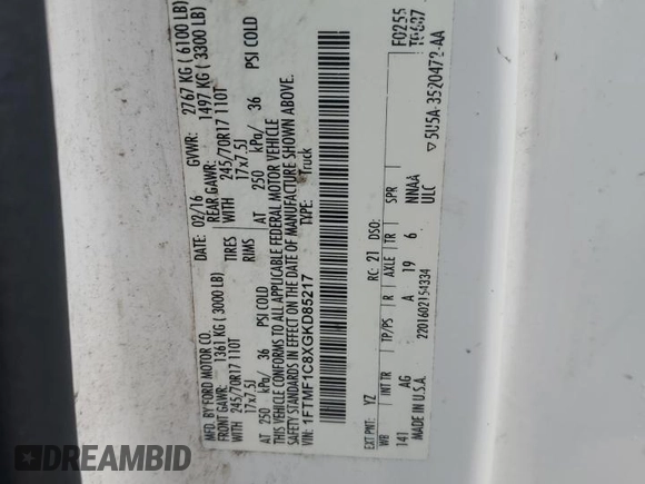 2016 Ford F-150 XL z VIN 1FTMF1C8XGKD85217, wystawiony jako Copart lot #62730605 z przebiegiem 282 246 mil mil oraz Szkoda całkowita • Salvage title. Historia ofert i sprzedaży dostępna na DreamBid. Obrazek 12.