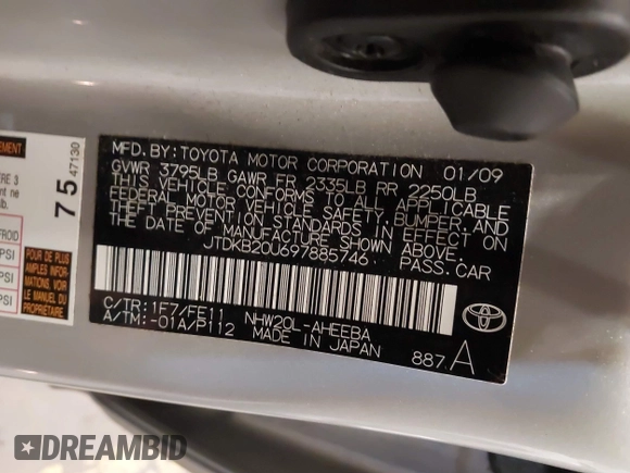 2009 Toyota Prius with VIN JTDKB20U697885746, listed as a IAAI auction lot 41778417 with 0 mi miles. Bid and sale history available at carsss.com. Image 9.