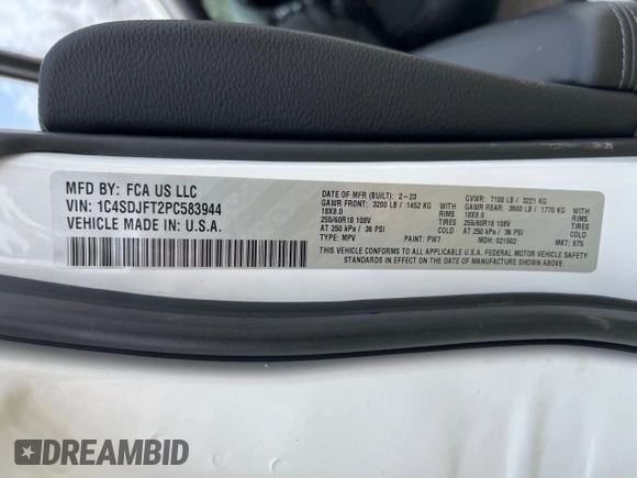 2023 Dodge Durango Pursuit with VIN 1C4SDJFT2PC583944, listed as a Copart auction lot 54107655 with 8,317 mi miles and Clean title. Bid and sale history available at DreamBid. Image 10.