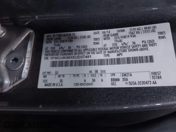 2014 Ford Escape SE с VIN 1FMCU9G9XEUD37491, выставлен на аукционе IAAI как лот 42000637 с пробегом 141 580 миль миль и . История ставок и продаж доступна на DreamBid. Изображение 9.