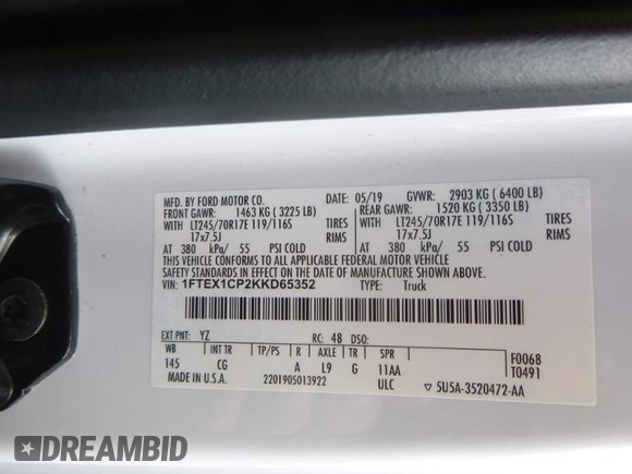 2019 Ford F-150 XL with VIN 1FTEX1CP2KKD65352, listed as a IAAI auction lot 42786007 with 110,186 mi miles and . Bid and sale history available at DreamBid. Image 10.