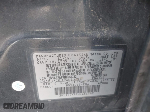2017 Nissan Sentra SV with VIN 3N1AB7AP7HL656782, listed as a IAAI auction lot 42599150 with 118,597 mi miles and . Bid and sale history available at DreamBid. Image 9.