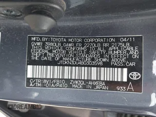 2011 Toyota Prius I z VIN JTDKN3DU4B0303598, wystawiony jako IAAI lot #42267391 z przebiegiem Nie podano mil oraz . Historia ofert i sprzedaży dostępna na DreamBid. Obrazek 9.