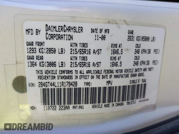 2001 Dodge Grand Caravan with VIN 2B4GT44L11R179428, listed as a IAAI auction lot 41648424 with 179,241 mi miles and . Bid and sale history available at DreamBid. Image 9.