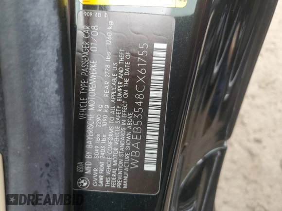 2008 BMW 6 Series 650i with VIN WBAEB53548CX61755, listed as a Copart auction lot 75056964 with 0 mi miles and Salvage Title. Bid and sale history available at carsss.com. Image 13.