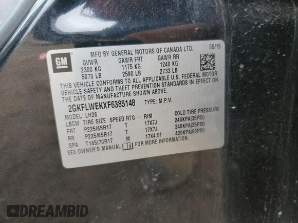 2015 GMC Terrain SLE z VIN 2GKFLWEKXF6385148, wystawiony jako Copart lot #52437095 z przebiegiem 99 704 mil mil oraz Szkoda całkowita • Salvage title. Historia ofert i sprzedaży dostępna na DreamBid. Obrazek 15.