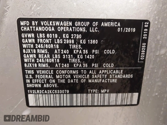 2019 Volkswagen Atlas SE with VIN 1V2LR2CA2KC533079, listed as a IAAI auction lot 41352399 with 88,826 mi miles and . Bid and sale history available at DreamBid. Image 9.