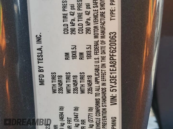 2023 Tesla Model 3 с VIN 5YJ3E1EA8PF620063, выставлен на аукционе Copart как лот 52534995 с пробегом 22 782 миль миль и Списание • Salvage title. История ставок и продаж доступна на DreamBid. Изображение 14.