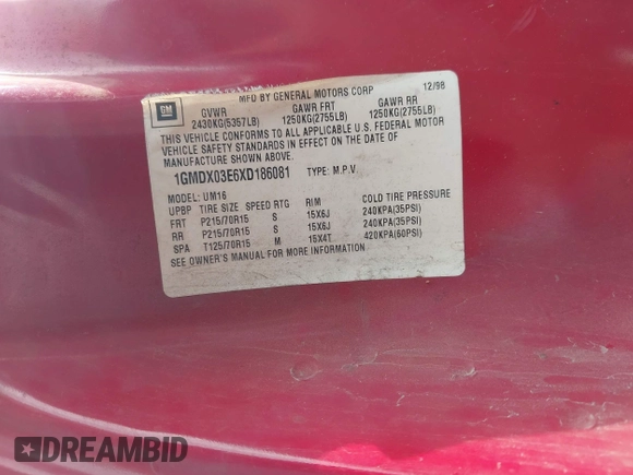 1999 Pontiac Montana with VIN 1GMDX03E6XD186081, listed as a IAAI auction lot 42105419 with 249,120 mi miles and . Bid and sale history available at DreamBid. Image 9.