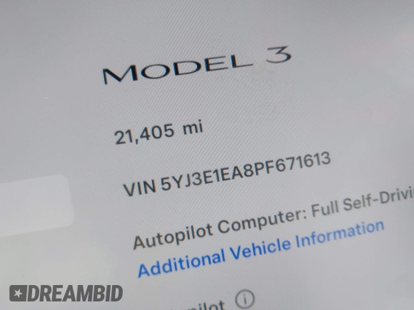 2023 Tesla Model 3 z VIN 5YJ3E1EA8PF671613, wystawiony jako IAAI lot #41737438 z przebiegiem 21 405 mil mil oraz . Historia ofert i sprzedaży dostępna na DreamBid. Obrazek 15.
