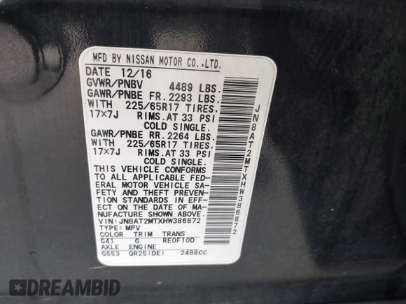2017 Nissan Rogue SL with VIN JN8AT2MTXHW386872, listed as a IAAI auction lot 42466845 with 98,338 mi miles and . Bid and sale history available at DreamBid. Image 9.