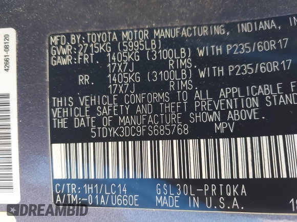 2015 Toyota Sienna XLE with VIN 5TDYK3DC9FS685768, listed as a IAAI auction lot 42062942 with 132,242 mi miles. Bid and sale history available at carsss.com. Image 9.