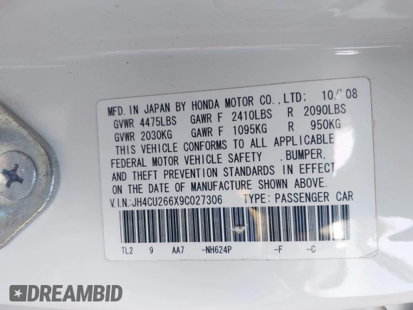2009 Acura TSX z VIN JH4CU266X9C027306, wystawiony jako IAAI lot #42206189 z przebiegiem 190 515 mil mil oraz . Historia ofert i sprzedaży dostępna na DreamBid. Obrazek 9.