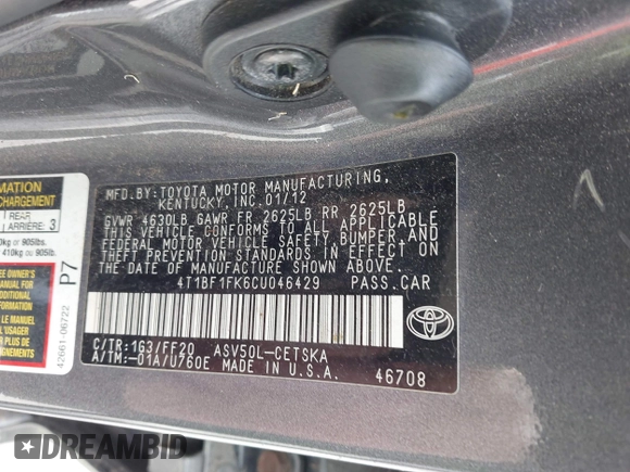 2012 Toyota Camry L with VIN 4T1BF1FK6CU046429, listed as a IAAI auction lot 42153837 with 211,610 mi miles. Bid and sale history available at carsss.com. Image 9.