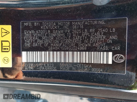 2016 Lexus ES with VIN 58ABK1GG8GU024968, listed as a IAAI auction lot 42151531 with 139,187 mi miles and . Bid and sale history available at carsss.com. Image 9.