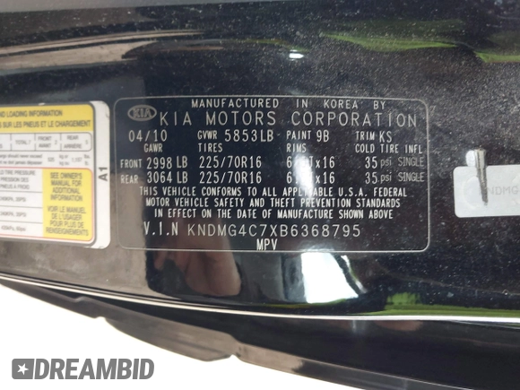 2011 Kia Sedona LX with VIN KNDMG4C7XB6368795, listed as a IAAI auction lot 42095251 with 146,813 mi miles. Bid and sale history available at carsss.com. Image 9.