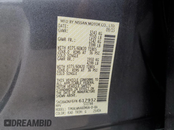 2015 Nissan Armada Platinum z VIN 5N1BA0NF6FN617932, wystawiony jako Copart lot #48202355 z przebiegiem 101 219 mil mil oraz Szkoda całkowita • Salvage title. Historia ofert i sprzedaży dostępna na DreamBid. Obrazek 13.