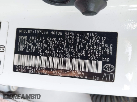 2013 Toyota Matrix S z VIN 2T1KE4EEXDC050213, wystawiony jako IAAI lot #42142649 z przebiegiem 170 980 mil mil oraz . Historia ofert i sprzedaży dostępna na DreamBid. Obrazek 9.