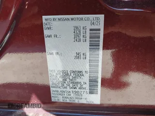2025 Nissan Altima SV z VIN 1N4BL4DV1SN390275, wystawiony jako IAAI lot #42223725 z przebiegiem 1640 mil mil oraz . Historia ofert i sprzedaży dostępna na DreamBid. Obrazek 9.