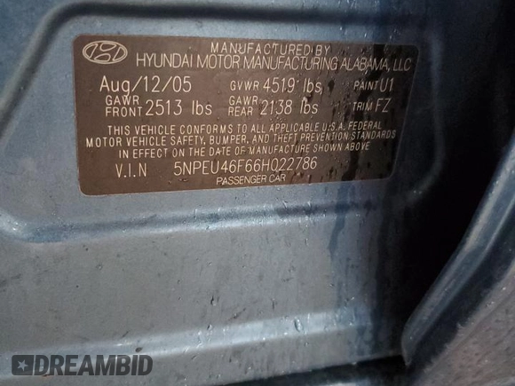 2006 Hyundai Sonata GLS with VIN 5NPEU46F66H022786, listed as a Copart auction lot 51565365 with 180,104 mi miles and Salvage Title. Bid and sale history available at DreamBid. Image 12.