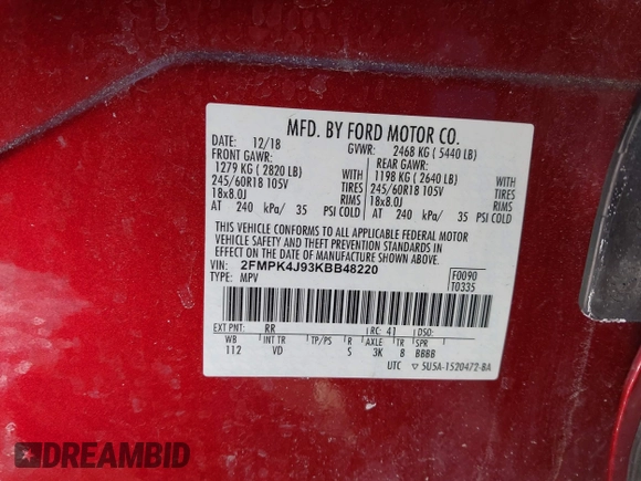 2019 Ford Edge SEL with VIN 2FMPK4J93KBB48220, listed as a IAAI auction lot 41643484 with 42,562 mi miles. Bid and sale history available at carsss.com. Image 9.
