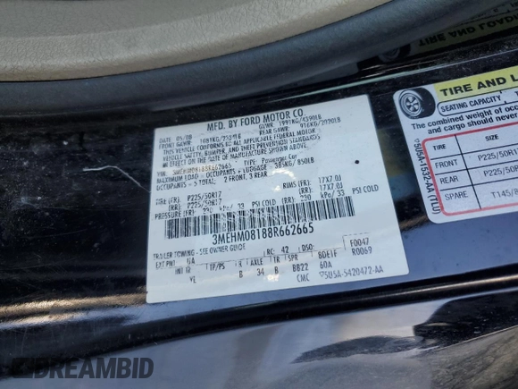 2008 Mercury Milan Premier with VIN 3MEHM08188R662665, listed as a Copart auction lot 45343885 with 248,477 mi miles and Salvage title. Bid and sale history available at DreamBid. Image 12.