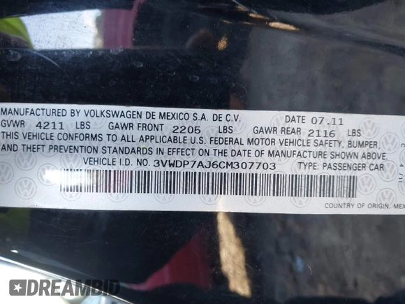 2012 Volkswagen Jetta SE z VIN 3VWDP7AJ6CM307703, wystawiony jako IAAI lot #40882718 z przebiegiem 141 523 mil mil oraz . Historia ofert i sprzedaży dostępna na DreamBid. Obrazek 9.