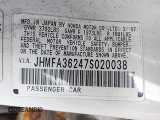 2007 Honda Civic with VIN JHMFA36247S020038, listed as a IAAI auction lot 42626023 with 287,036 mi miles and . Bid and sale history available at DreamBid. Image 9.
