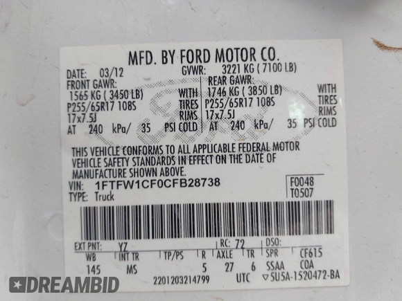 2012 Ford F-150 XL z VIN 1FTFW1CF0CFB28738, wystawiony jako IAAI lot #41952422 z przebiegiem 175 298 mil mil oraz . Historia ofert i sprzedaży dostępna na DreamBid. Obrazek 9.