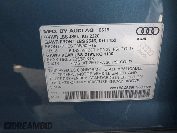 2017 Audi Q3 Premium with VIN WA1ECCFS6HR000870, listed as a IAAI auction lot 42028017 with 103,930 mi miles. Bid and sale history available at carsss.com. Image 9.