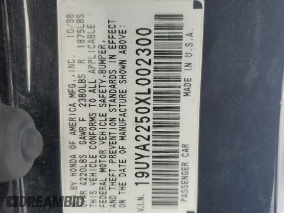 1999 Acura CL Premium z VIN 19UYA2250XL002300, wystawiony jako Copart lot #86815504 z przebiegiem 253 545 mil mil oraz Szkoda całkowita • Salvage title. Historia ofert i sprzedaży dostępna na DreamBid. Obrazek 12.