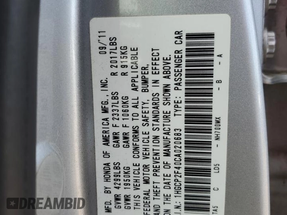 2012 Honda Accord LX Premium z VIN 1HGCP2F40CA020683, wystawiony jako Copart lot #56142985 z przebiegiem 179 936 mil mil oraz Szkoda całkowita • Salvage title. Historia ofert i sprzedaży dostępna na DreamBid. Obrazek 12.