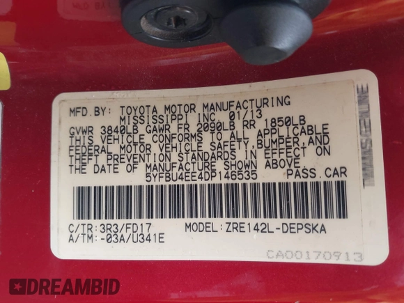 2013 Toyota Corolla L with VIN 5YFBU4EE4DP146535, listed as a IAAI auction lot 41876251 with 190,749 mi miles and . Bid and sale history available at DreamBid. Image 9.
