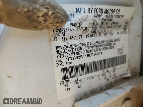 2011 Ford F-350 Platinum with VIN 1FT7W3BT1BED06314, listed as a Copart auction lot 56391054 with 277,295 mi miles and Salvage title. Bid and sale history available at DreamBid. Image 13.