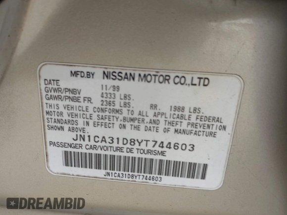 2000 Nissan Maxima GXE z VIN JN1CA31D8YT744603, wystawiony jako IAAI lot #42435490 z przebiegiem Nie podano mil oraz . Historia ofert i sprzedaży dostępna na DreamBid. Obrazek 9.