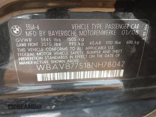 2008 BMW 3 Series 335i z VIN WBAVB77518NH78042, wystawiony jako IAAI lot #42267735 z przebiegiem Nie podano mil oraz . Historia ofert i sprzedaży dostępna na DreamBid. Obrazek 9.