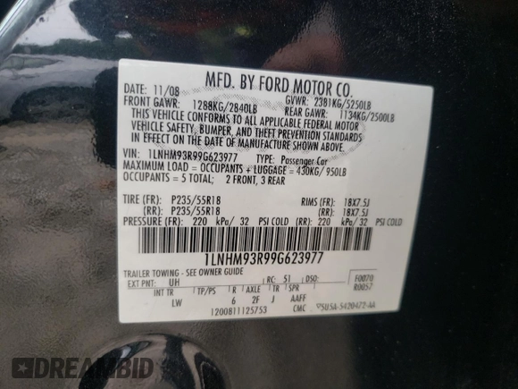 2009 Lincoln MKS with VIN 1LNHM93R99G623977, listed as a Copart auction lot 63463285 with 206,359 mi miles and Salvage title. Bid and sale history available at DreamBid. Image 12.