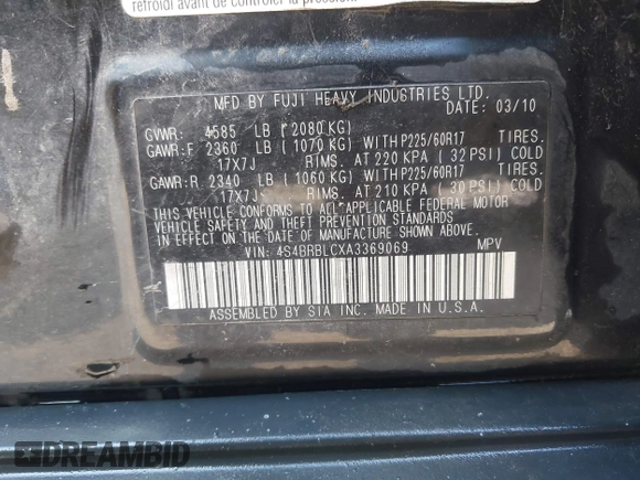 2010 Subaru Outback Limited Power Moon с VIN 4S4BRBLCXA3369069, выставлен на аукционе IAAI как лот 40290723 с пробегом 231 597 миль миль и . История ставок и продаж доступна на DreamBid. Изображение 9.