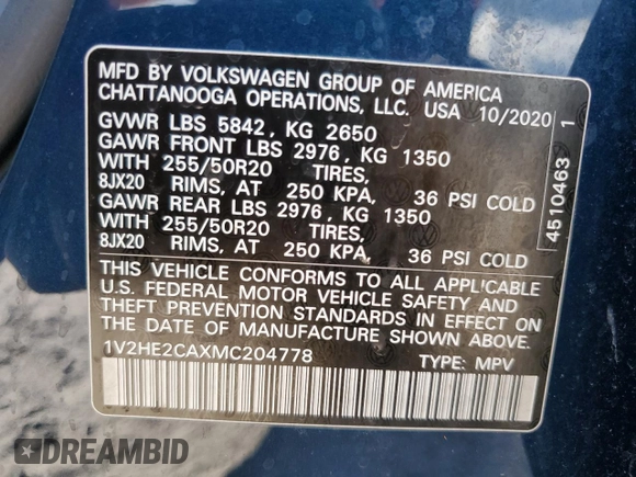 2021 Volkswagen Atlas SE with VIN 1V2HE2CAXMC204778, listed as a Copart auction lot 74906404 with 53,597 mi miles and Salvage title. Bid and sale history available at DreamBid. Image 13.