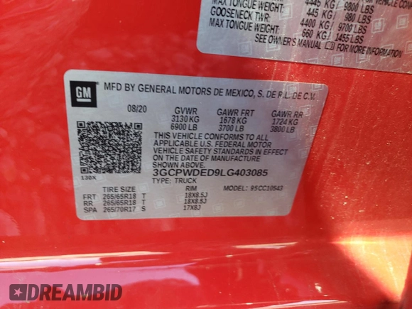 2020 Chevrolet Silverado 1500 RST with VIN 3GCPWDED9LG403085, listed as a Copart auction lot 86170624 with 40,543 mi miles and Salvage Title. Bid and sale history available at DreamBid. Image 13.