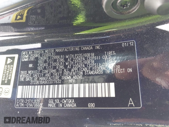 2012 Lexus RX 350 with VIN 2T2ZK1BA9CC077632, listed as a IAAI auction lot 42654162 with 143,439 mi miles and . Bid and sale history available at DreamBid. Image 9.