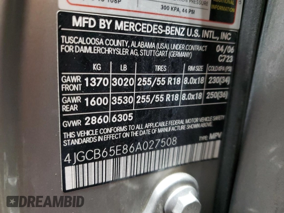 2006 Mercedes-Benz R 3.5L with VIN 4JGCB65E86A027508, listed as a Copart auction lot 48295135 with 185,905 mi miles and Non repairable. Bid and sale history available at DreamBid. Image 13.