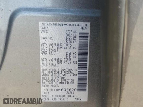 2024 Nissan Frontier SV with VIN 1N6ED1FKXRN605620, listed as a Copart auction lot 59854695 with 8,828 mi miles and Salvage title. Bid and sale history available at DreamBid. Image 12.
